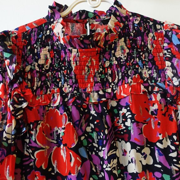 J.Crew Smocked metallic popover blouse top in Lurex dot floral AU241 XS 0 2 - Picture 7 of 16